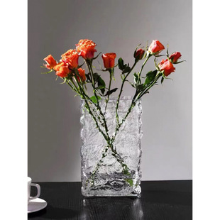 Modern Simple Cold Pattern Square Glass Vase Home Dining Table Entrance Glass Ornaments Flowers and Green Plants Hydroponic Vase