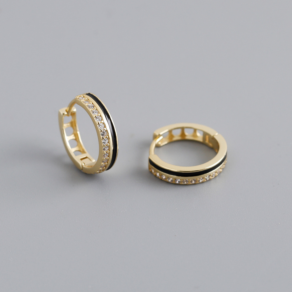 1 Pair Retro Circle Sterling Silver Enamel Inlay Rhinestones Hoop Earrings display picture 3