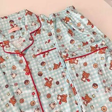 日系轻松熊睡衣女春秋新款针织棉长袖长裤可爱卡通大码家居服套装