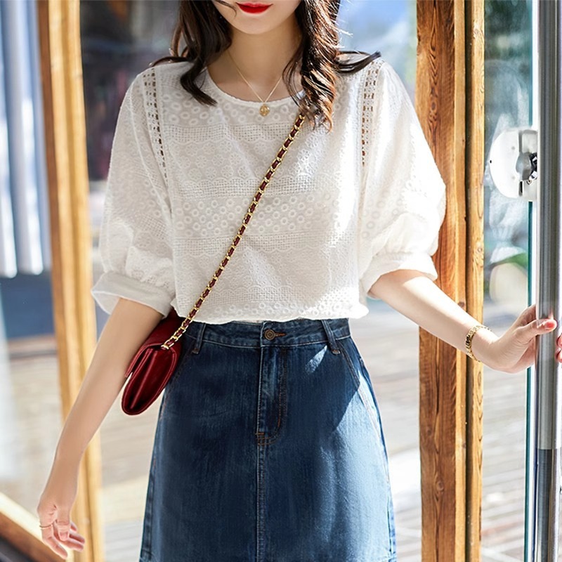White Stylish Summer Shirt with a Gentle, Youthful, Slimming, and Elegant Look, Round Neck, Long and Short Sleeves, Embroidered Blouse for Women A3349
