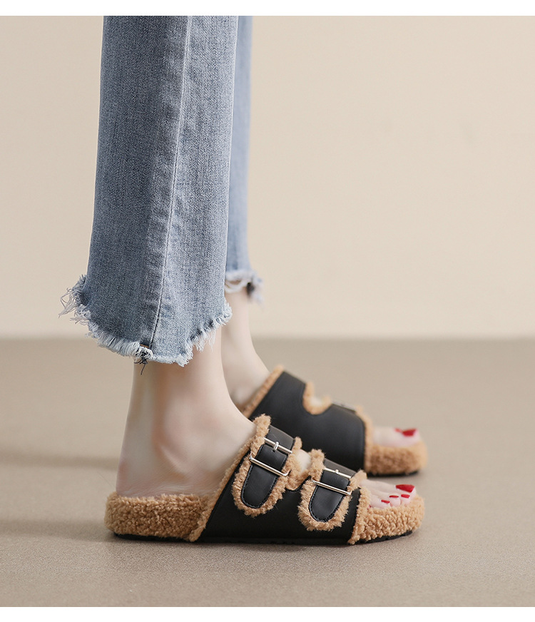 Girl Fur Slippers Women S Outerwear Autumn And Winter One Word Belt Plus Fleece Cotton Shoes To Keep Warm Net Red Large Size_voghion.com