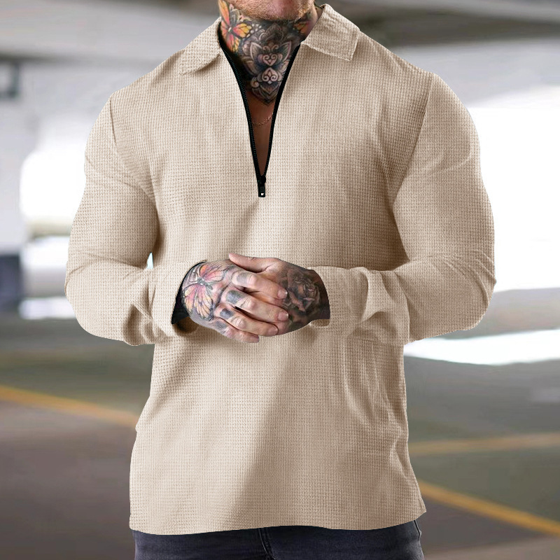 2024 Men's Half Zippered Waffle Thin Dress with Relaxed Short Sleeve Polo Collar_voghion.com