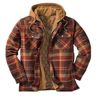 Foreign trade explosions men's European and American autumn and winter thick plaid cotton long sleeve hooded shirt coat spot