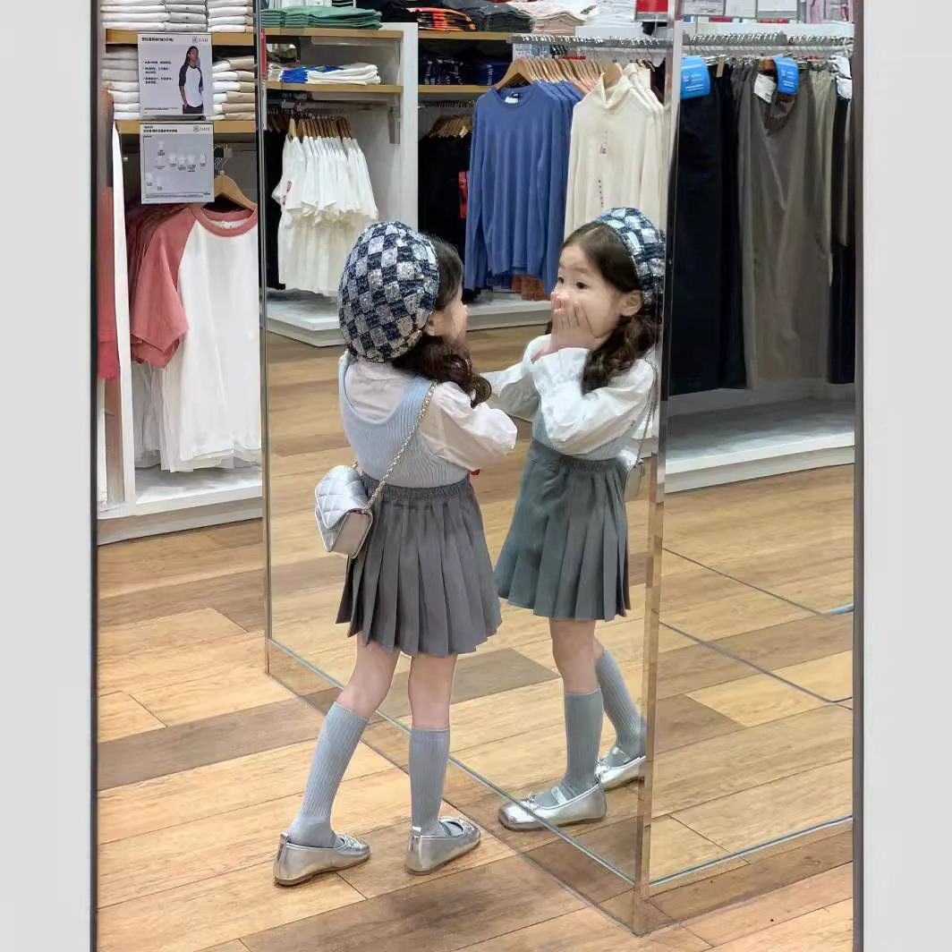 一件代发2024春夏新品女童装韩系针织马甲搭配花边领娃娃衫百褶裙