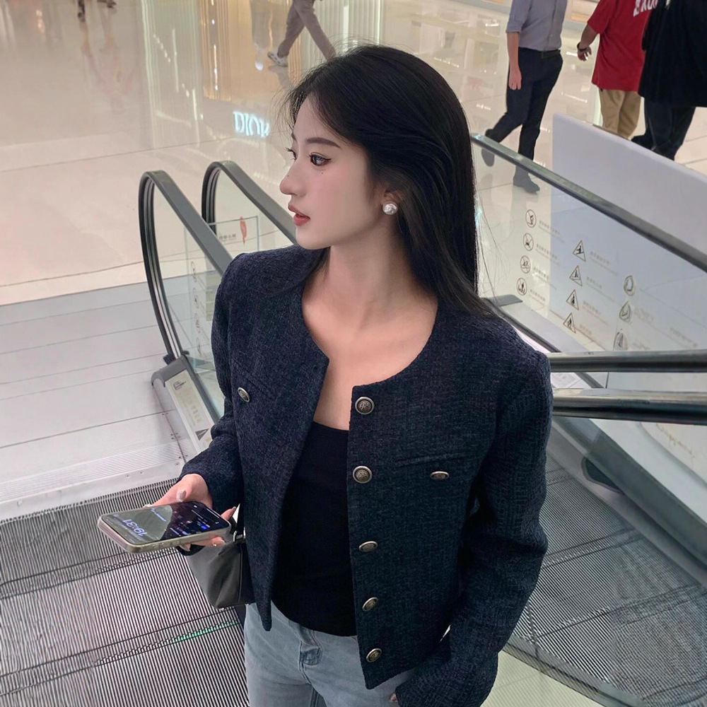 小香风藏青色外套女2026春秋新款韩系名媛气质高级感复古短款上衣