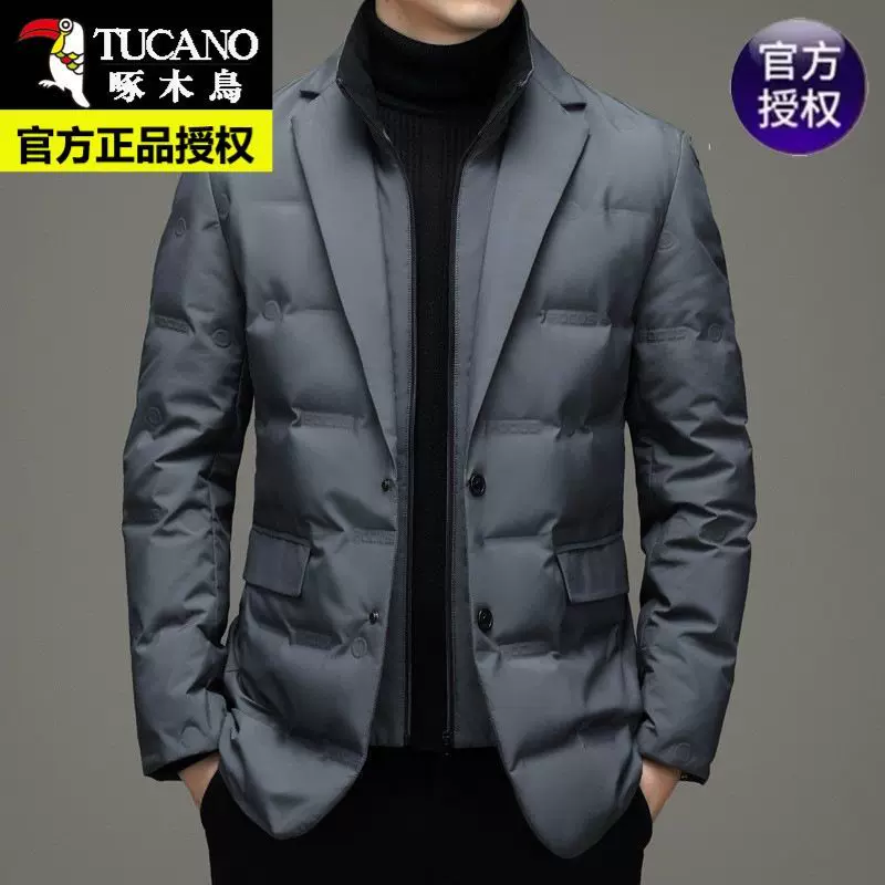 以撒保罗中年男冬季轻薄款假两件西服款保暖时尚羽绒服短款领外套