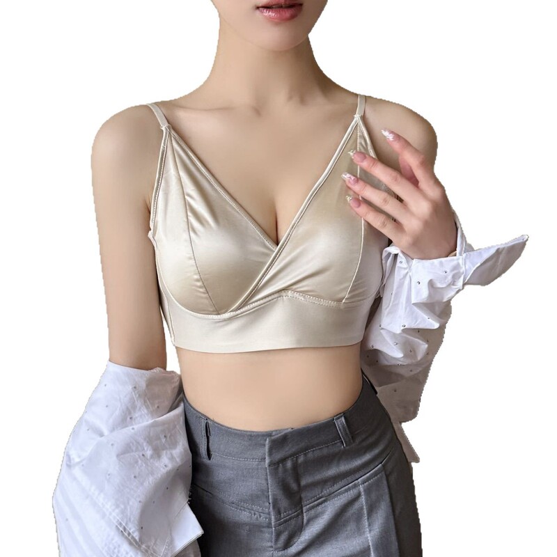 抖音8512深V缎面无痕美背内衣小胸聚拢内衣固定一体胸垫大码文胸|undefined