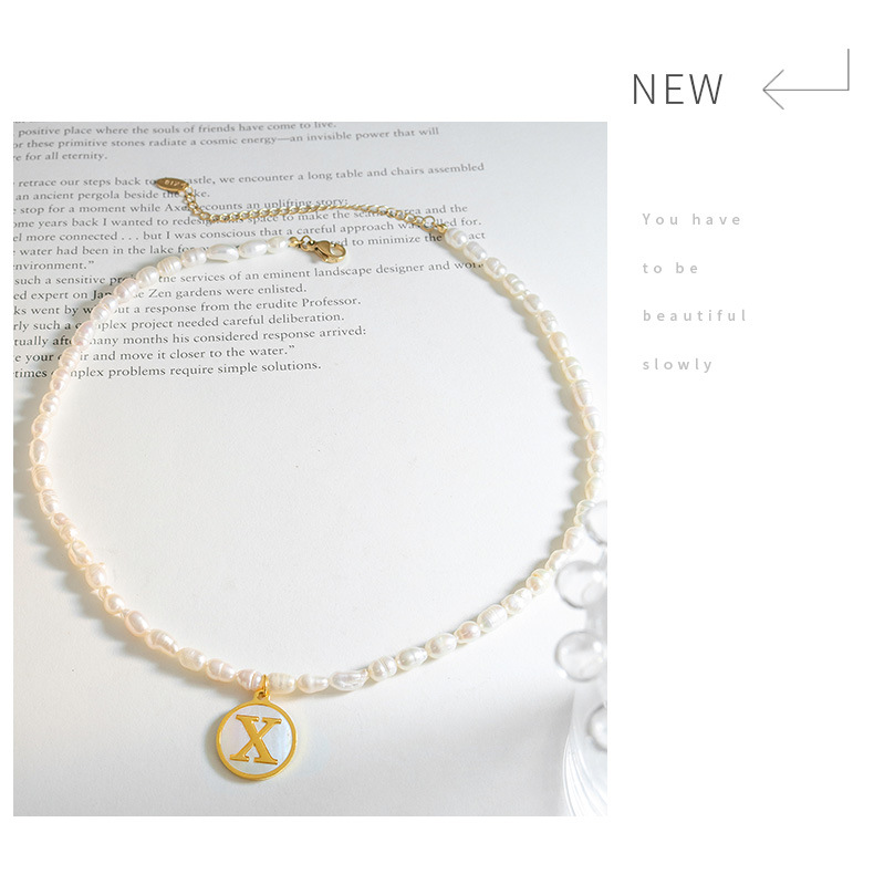 Shell Inlay Material Pendant Necklace Classification 304 Stainless Steel Chain Material 1 Piece Quantity French Style Letter Pearl Titanium Steel Plating Inlay Shell Pendant Necklace 1 Piece