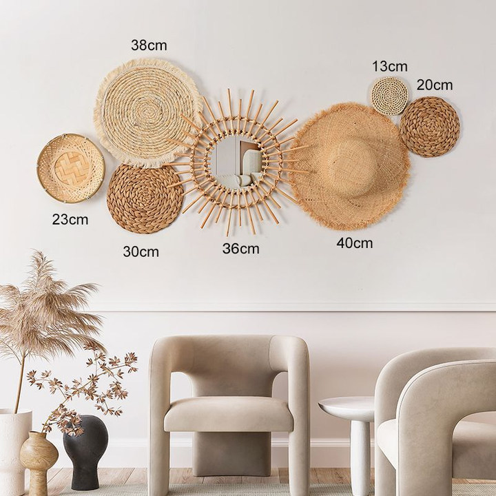 Hierba bohemia tejida de ratán pared decoración de pared colgante B & B sala de estar habitación pared redonda decoración de pared decoración de pared