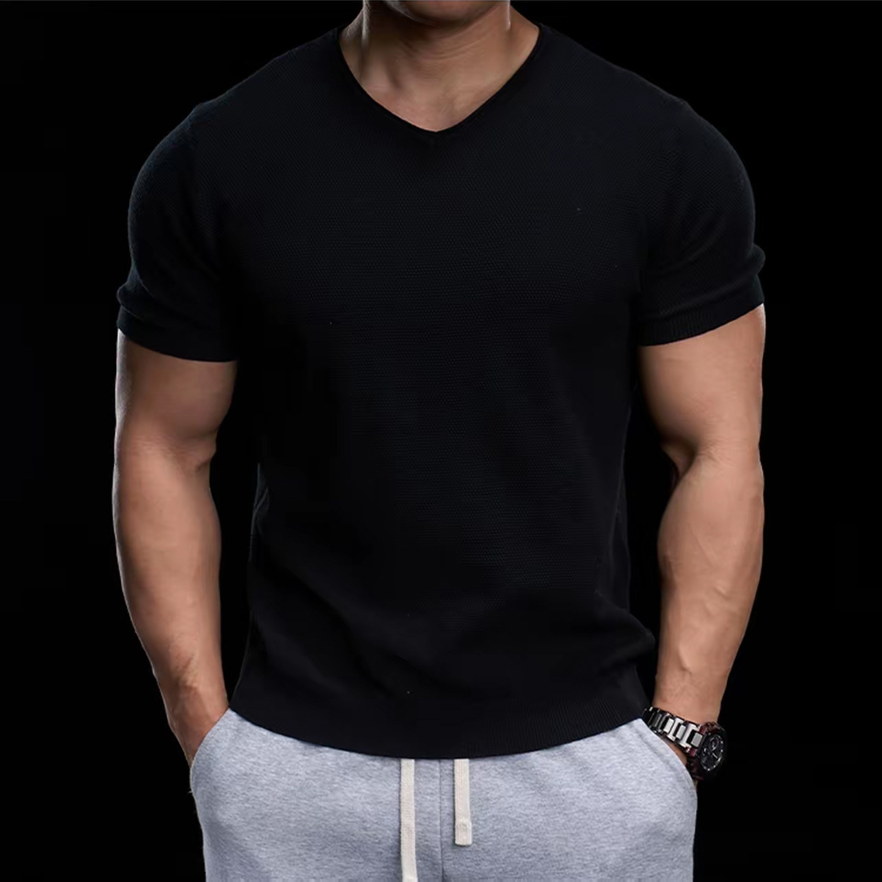 Camiseta de punto de manga corta camiseta elástica hombre V cuello de pollo corazón viejo viento de negocios hielo verano fábrica transfronteriza al por mayor