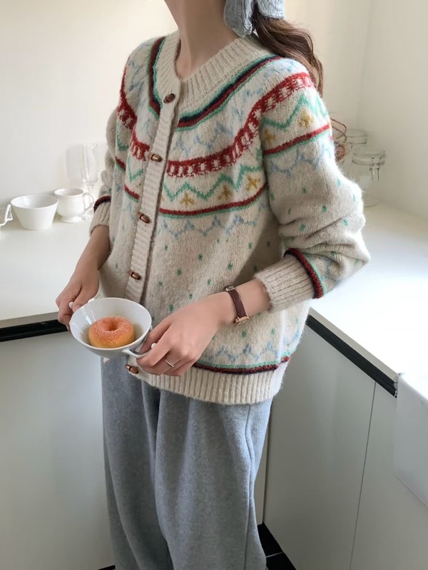 复古北欧风费尔岛牛角扣毛衣外套女秋冬圣诞慵懒软糯针织开衫上衣|undefined