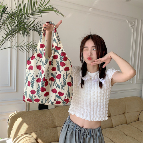 35204 Summer ins floral high-end canvas bag small fresh large capacity vest bag shopping shopping bag