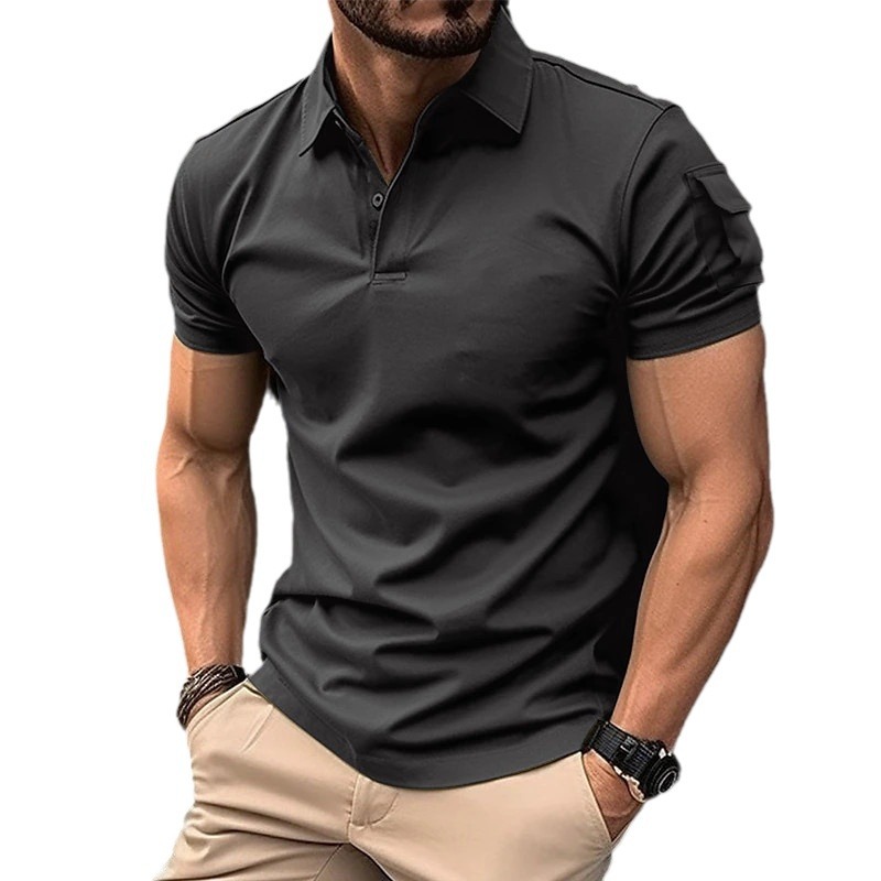 Monochrome Man - Commercio Estero Transfrontaliero Europeo Americano Daily Casual Polo da Uomo a Manica Corta con Tasche sulle Maniche e_voghion.com