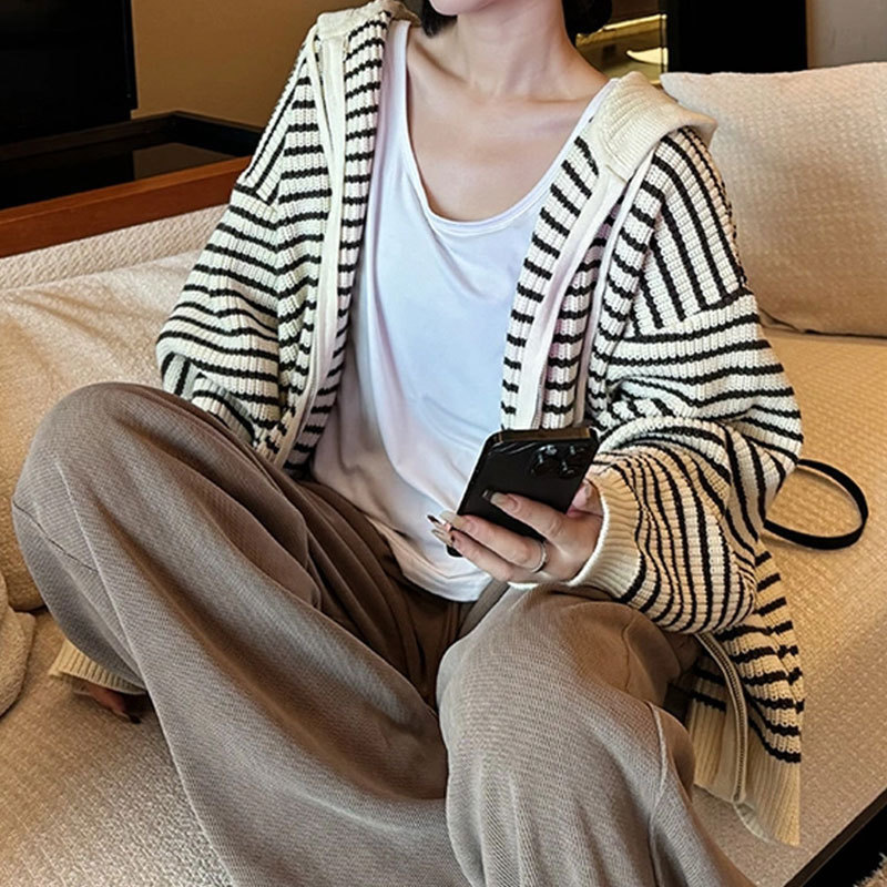韩版休闲温柔风撞色条纹连帽针织开衫女秋冬新款宽松上衣毛衣外套|undefined