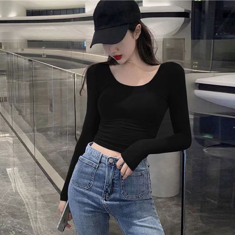 Four Seasons New Sexy U-Neck Long Sleeve Navel Top Women's Black Short New Slim Backless Casual T-Shirt