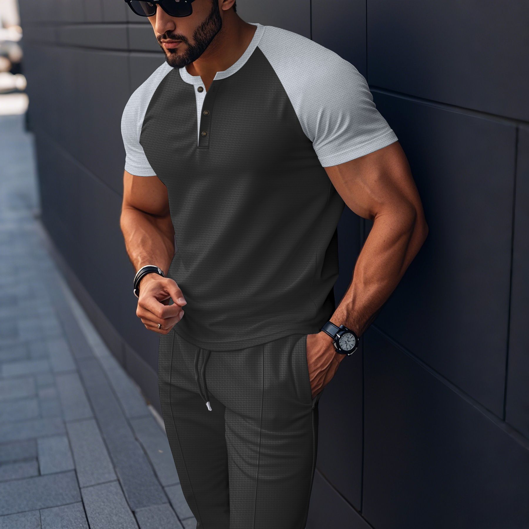 Men's Clothing Men's Summer Waffle Knit Crew Neck Color Block T-Shirt Short Sleeve Casual Outdoor Set For Formal & Casual_viptrois.com