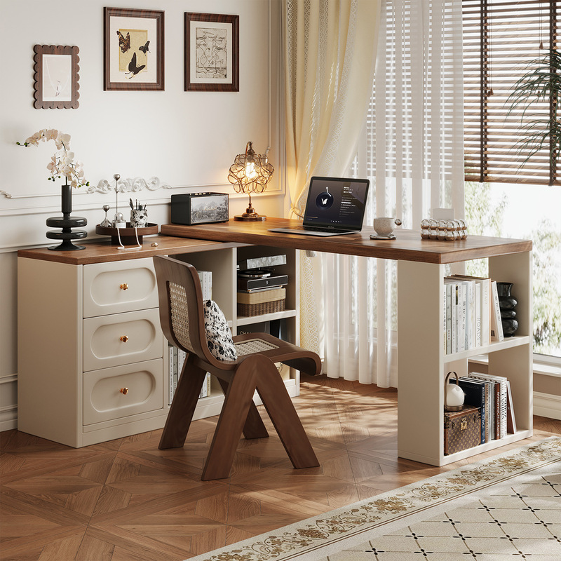 French-Style Corner Desk with Bookshelf, Integrated Bedroom Vanity Table, Home Computer Desk, Light Luxury High-End Solid Wood Study Desk French-Style Corner Desk with Bookshelf, Integrated Bedroom Vanity Table, Home Computer Desk, Light Luxury High-End Solid Wood Study Desk