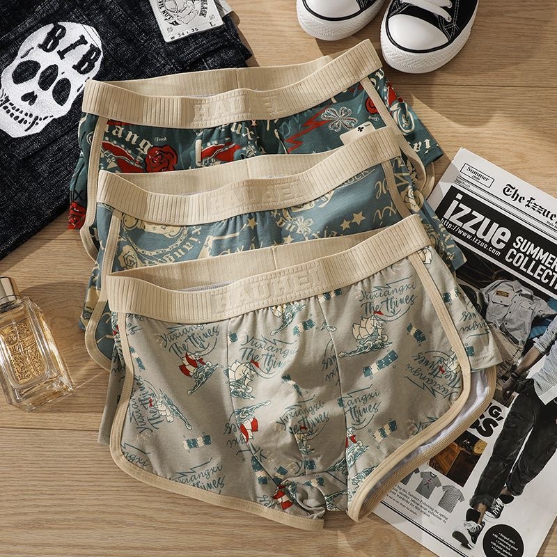 American Retro Men's Underwear, Pure Cotton, Comfortable and Breathable, Boys' Boxer Briefs, Trendyy Printed Shorts, Ethnic Style