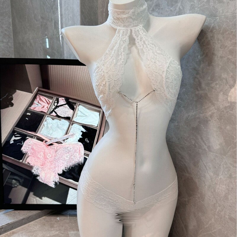 Sexy Lingerie Cross-Border New Style Halterneck Detachable Rhinestone Sexy Women's Jumpsuit See-Through Lace Tube Top