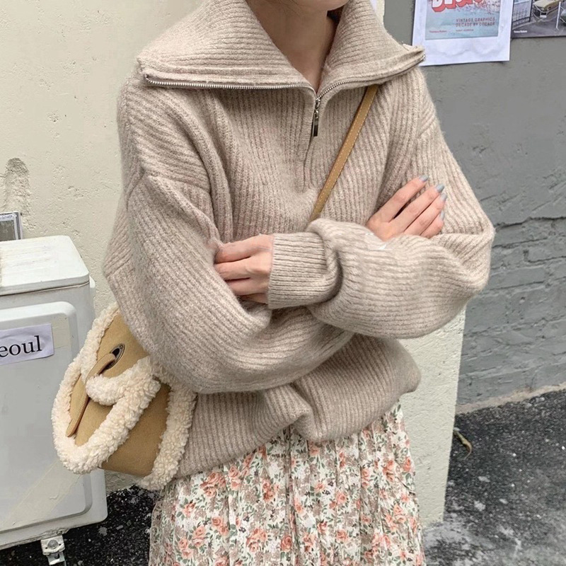 越境年秋冬新作ファスナーセーターニット女性はゆったりしています。|undefined