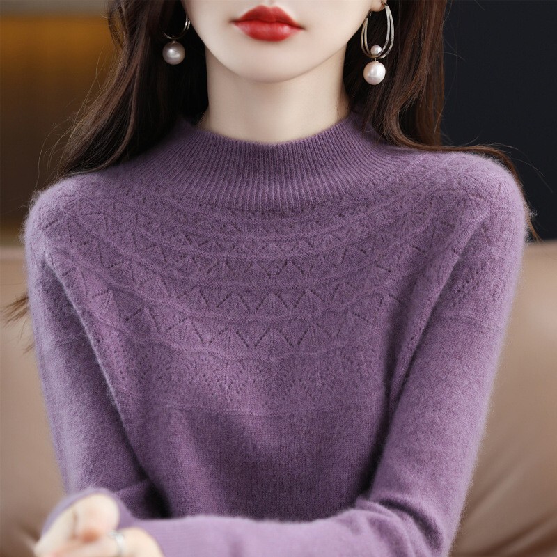 First-Line Readymade 100 Woolen Sweater Women's Half-turtleneck Fashion Hollow-Out Stylish Sweater Base-Layer Shirt Elegant All-Match Interior