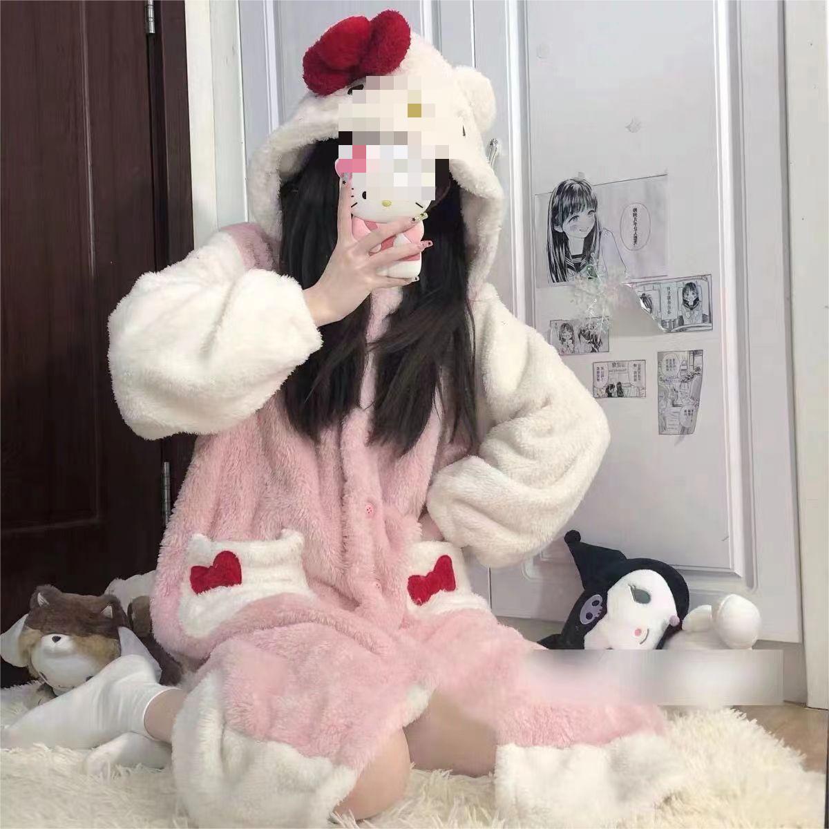 New Autumn and Winter Thick Strawberry Hooded Bear Pajama Big Eyed Pajama Coral Velvet Pacha Dog Couple Home Fury