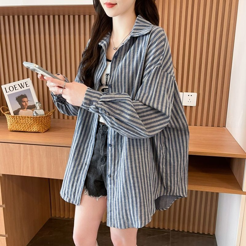 Casual striped long-sleeve shirt for women, thin loose oversized collared cardigan shirt, women's top wholesale Casual striped long-sleeve shirt for women, thin loose oversized collared cardigan shirt, women's top wholesale