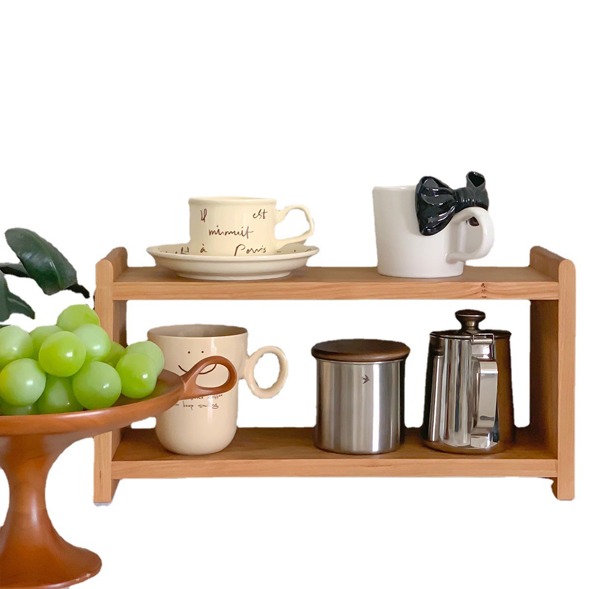 Estante de almacenamiento de madera maciza de doble capa de cereza de haya de escritorio juego de té Taza de almacenamiento en rack organizador de escritorio de oficina rack