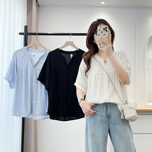 Plus Size Women's Shirt Short-Sleeved V Neck Cardigan 2025 Summer Fat mm Simple Versatile Pleated Shirt Thin 8447