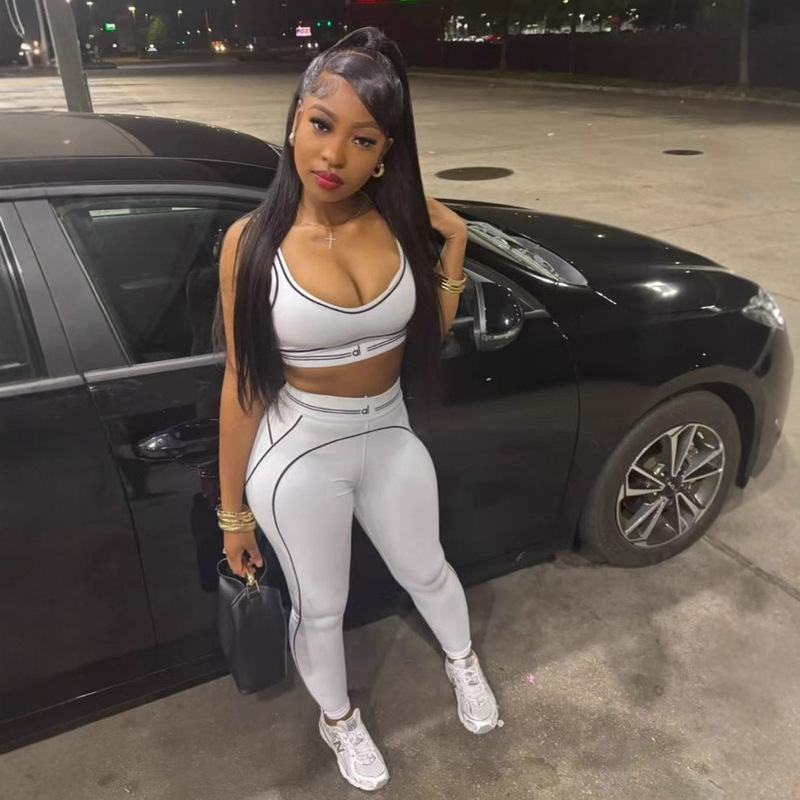 Y9006 European and American Cross-Border Women's Clothing Summer New Style Letter Fashion Yoga Sports Casual Two-Piece Set