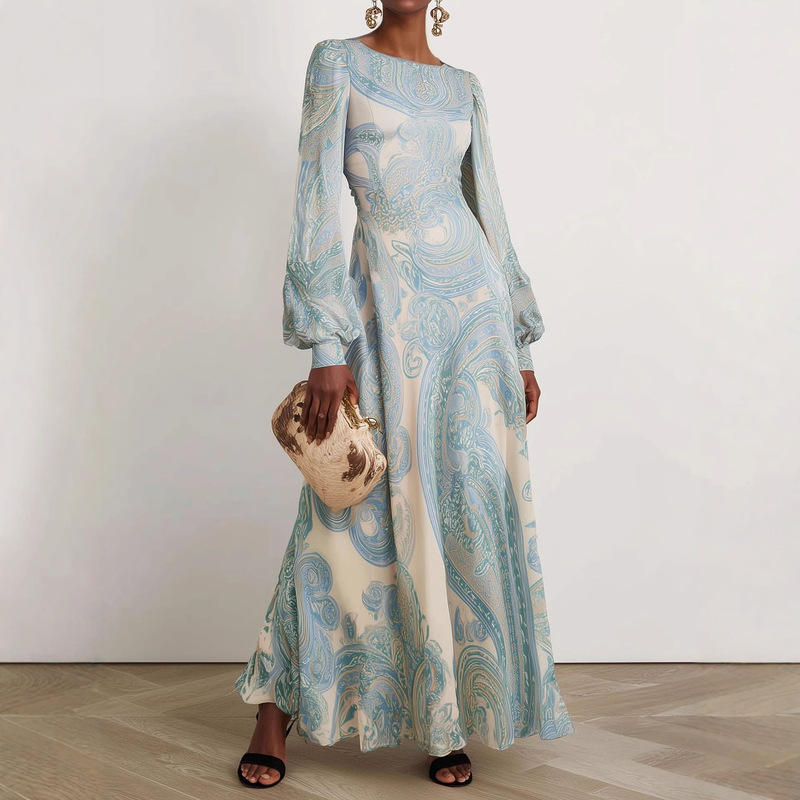 [Standard Size] Patterned Round Neck Long Sleeves, Lantern Sleeves, A-Line Long Skirt, Elegant Waist Slimming Look Dress