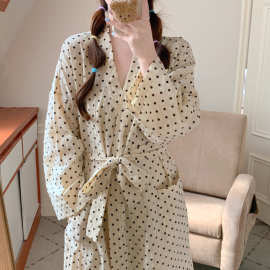 跨境专供外贸女士春款睡衣韩系复古波点印花睡袍高级感家居服女潮