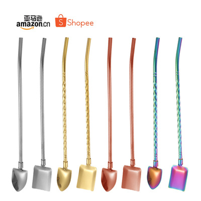 304不锈钢铁锹吸管勺 创意一体两用西瓜铲吸管勺方铲螺纹搅拌勺|ru