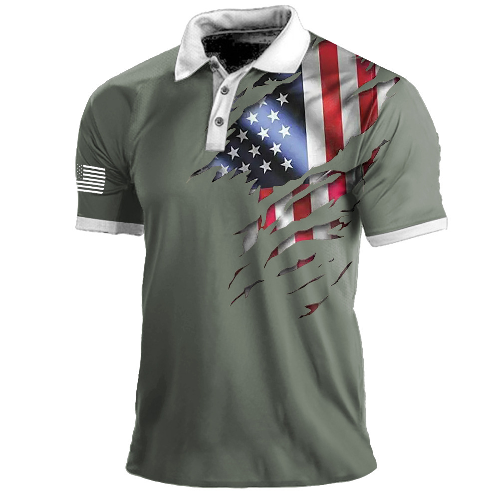 2023 Transfronterizo europeo y americano Amazon 3D impresión digital solapa de manga corta jersey casual para hombre camiseta con botones POLO