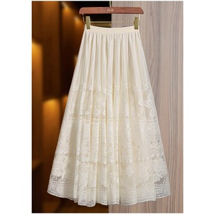 Fashion Elegant Mesh Hollow Lace Skirt Women's Spring Elasticated Waist French Slimming Mid-length A- line Umbrella Skirt