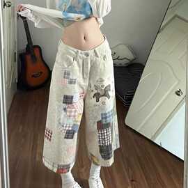 美式复古3D印花牛仔七分裤裤子女款2026夏季新款设计感宽松阔腿裤
