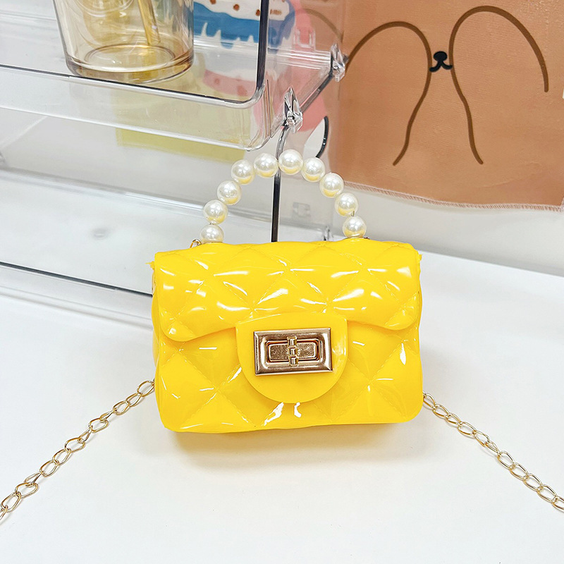 Bolso de los niños 2023 nuevo mini bolso de La jalea rombo estilo occidental pequeña bolsita Perla hombro crossbody bolsa de la cadena portátil