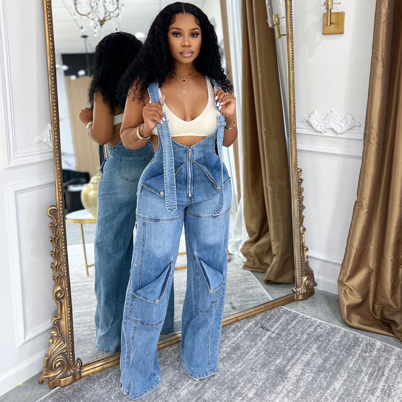 European and American Style Denim Overalls Amazon Cross-Border Women's Summer Street Casual Zipper Washed Jumpsuit