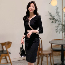 2024夏新款 职业气质 知性包臀裙 韩国 黑色拼接 长袖连衣裙