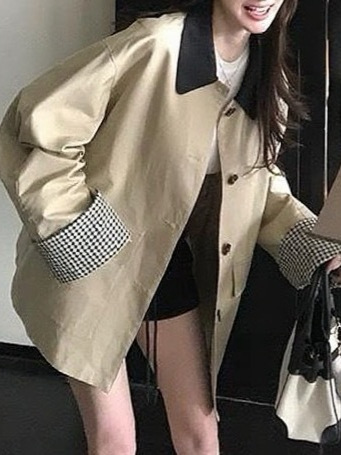 高智巴恩风 卡其色风衣撞色格纹拼接短款宽松外套女秋|undefined