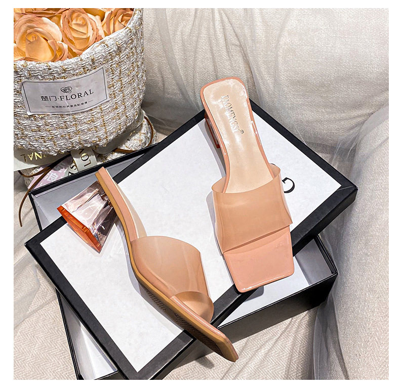 Dép sandal nữ quai ngang mũi vuông đính pha lê, đế dày gót vừa 3–5 cm — Màu bạc, Màu hồng nude, Màu mơ Nude