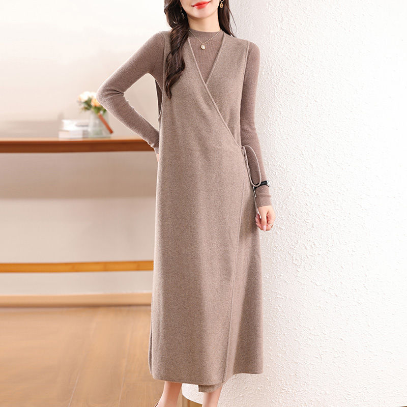 Autumn and Winter Wool Vest dress Women's New Loose Cardigan Lace-up Wrap Skirt Knitted Midi Sleeveless Sweater Dress