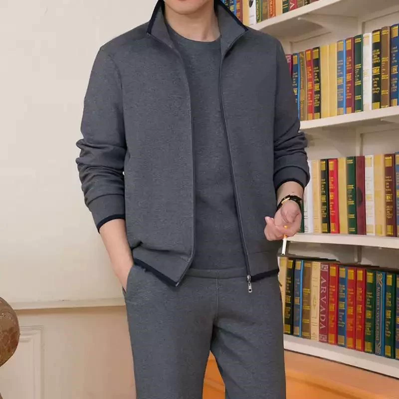 Утолщенный теплый модный брендовый свитер на флисовой подкладке для среднего и пожилого возраста, мужской спортивный костюм из двух частей для отдыха на весну и осень для отца