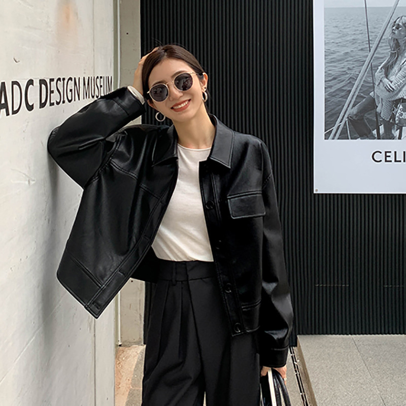 黑色皮衣女款2025新款春秋短款环保蛋白皮高级复古翻领机车皮夹克|undefined