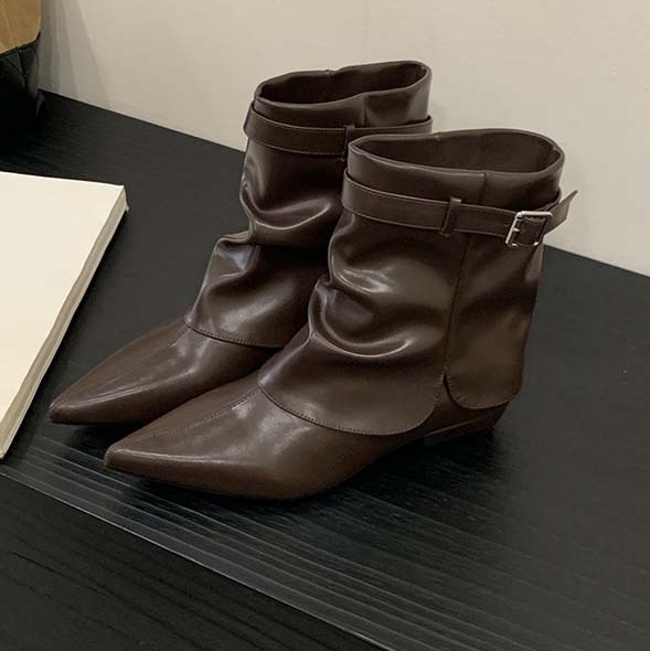 Belt Buckle Chunky Heel Martin Boots in Stock for 2025 Autumn and Winter New Pointed Pleated Slouch Boots with Sleeve Pants Boots