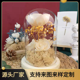 定制|跨境七夕节永生玻璃罩创意礼盒 永生香槟玫瑰通草花摆件套装