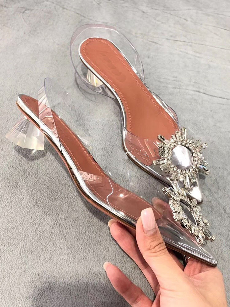 Sandalias de Punta cerrada para mujeres 2022 nueva primavera rhinestone punta puntiaguda tacón grueso versátil sexy temperamento boca baja cristal transparente zapatos de una sola capa