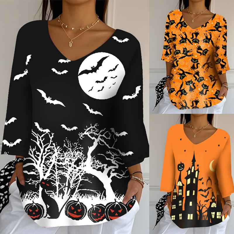 2026 Autumn/Winter New Amazon Cross-Border Loose Fashion Three-Quarter Sleeve Halloween Women's Top with Round Neck and Straight Shoulder Design 2026 Autumn/Winter New Amazon Cross-Border Loose Fashion Three-Quarter Sleeve Halloween Women's Top with Round Neck and Straight Shoulder Design