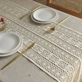 复古美式桌旗条纹手工钩针蕾丝田园编织钩花镂空文艺流苏茶几斗柜