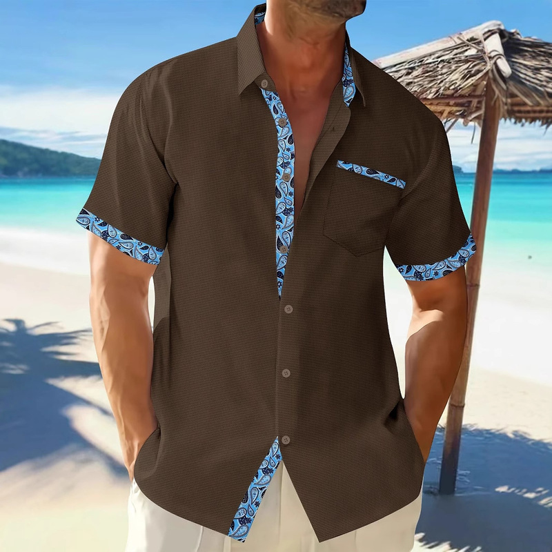 Cross-Border New Men's Hawaiian Beach Vacation Shirt Short-Sleeved Cardigan Shirt Lapel Lace Casual Shirt